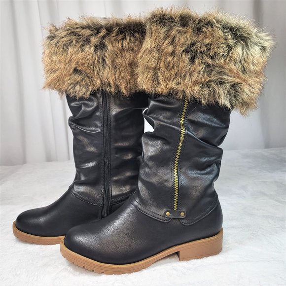 Furry Black Matte Faux Fur Fold Over Cuff Winter Mid Calf Boots - Picture 2 of 8